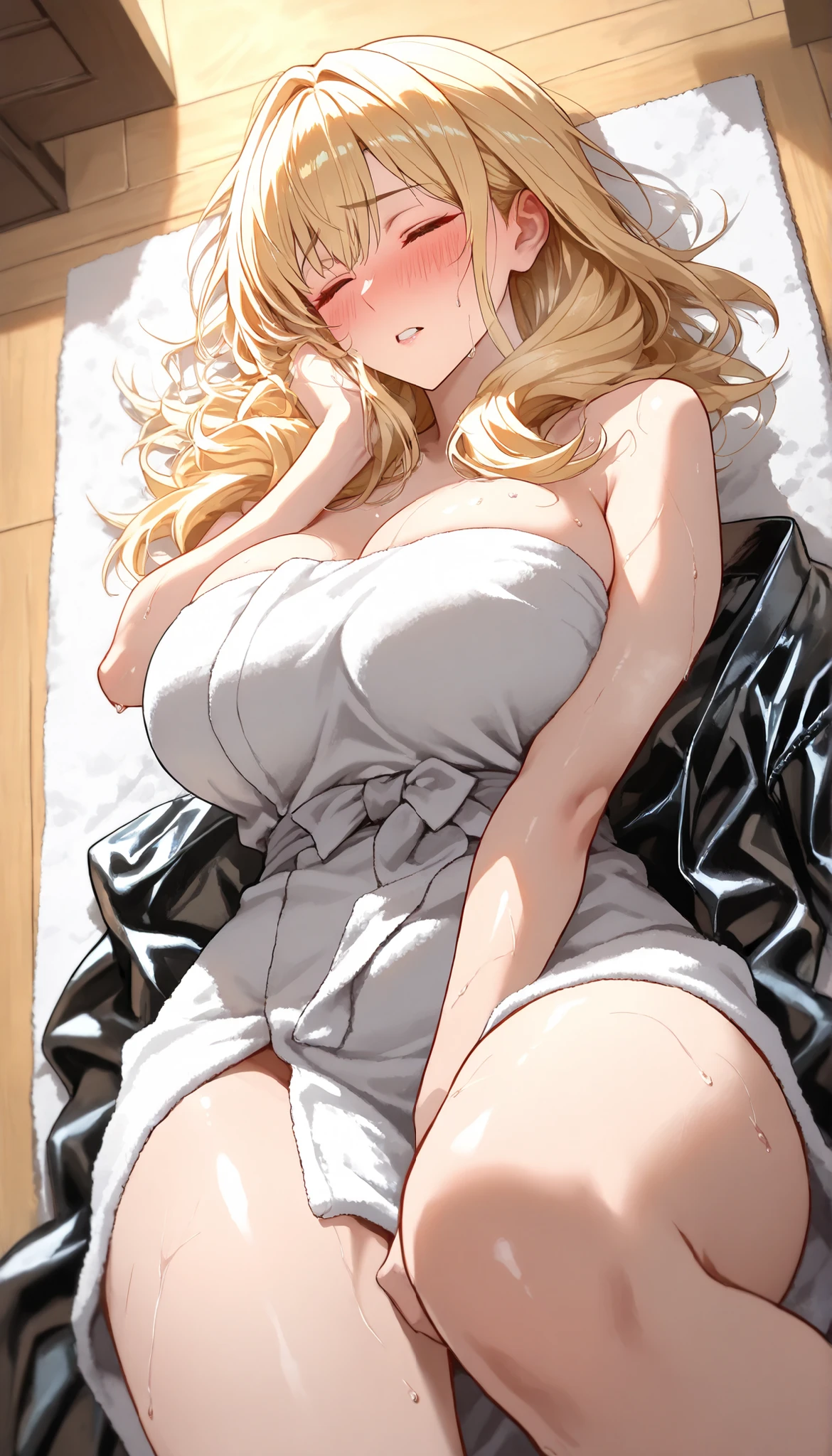 Masterpiece, highest quality, (perfect face:1.1), (high detail costume:1.1), (highly detailed eyes), warm tone, a lovely mature woman, house wife, (soft leather kimono), long blond hair, (blue irises), collected hair, wide collection, lleva una towel blanca corta, towel, bare shoulders, bare arms, There's a man sleeping on the floor, parted lips, visible teeth, Visible sleeping man, The man is asleep, trasero regordete, embarrassed expression, bothers, sweat in front, blush, breasts, dynamic angle, blurry eyelids , towel, humidity, Unfaithful wife,