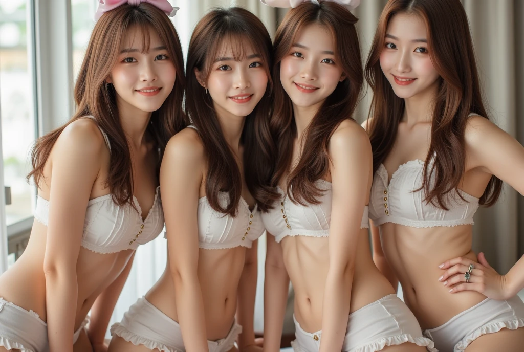 (Highest quality、32k、masterpiece:1.3)、(Beautiful woman:1.3)、(5 girls:1.3)、(Full body photo:1.3)、(nude、topless、nude)、(Thong)、Brown Hair:1.3、ponytail、Highly detailed face、Lips Detail、Detailed Eyes、double eyelid、Saggy breasts、22 years old、Sea and beach、With skinny friends、Bright photo、The chest is open、Breasts spilling out of the bra、Luxury hotel swimming pool