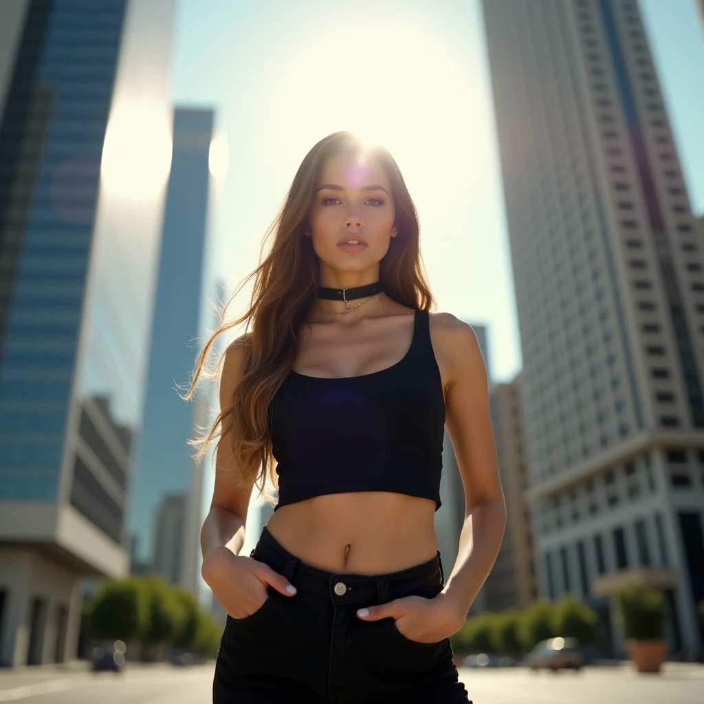 "A gorgeous, imposing brunette woman in a cool and relaxed hippie style is wearing a crop top and tight pants. Her body is toned, very sexy, athletic and hot suggests her enormous strength. She appears to be casually strolling through the busy cityscape of GTS City, like towering buildings looms over it. Smoke and clouds billow around it, adding to the sense of epic and dramatic scale. The lighting is dark, shadowy and realistic, creating a tense and ominous atmosphere.