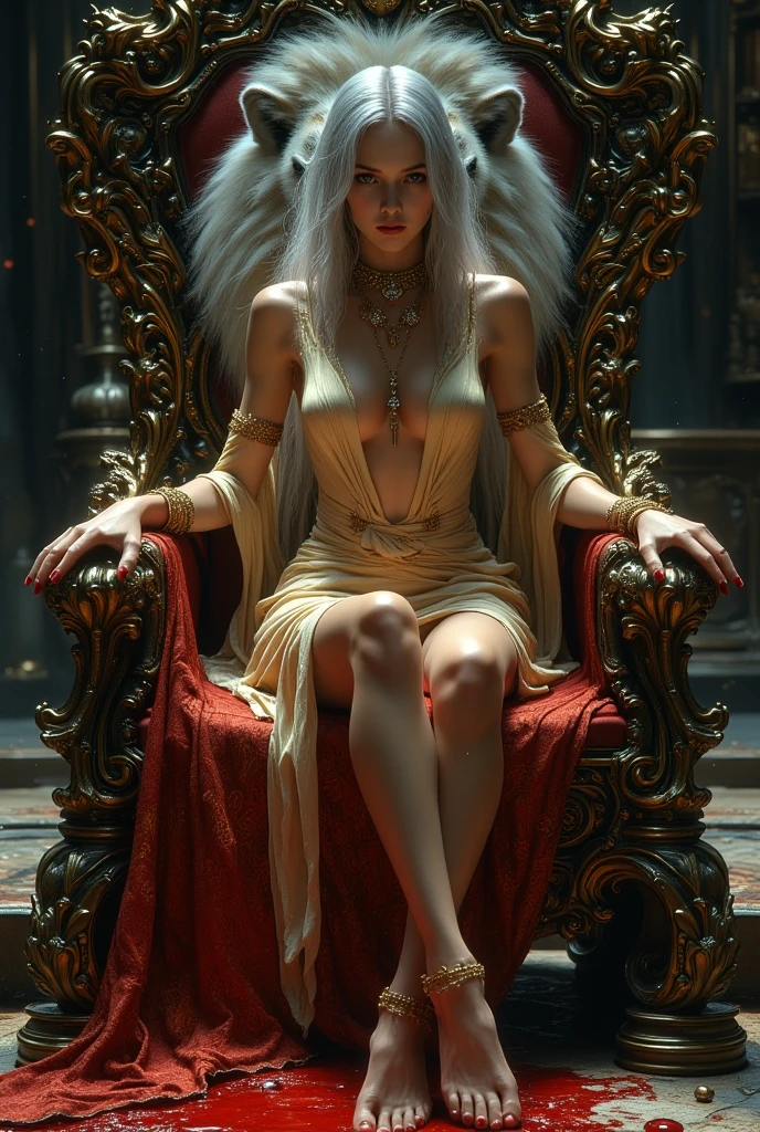(((photorealistic:1.4))), ultra realistic, pores, (((masterpiece))),high quality, ultra details, realistic white skin beautiful face pretty korean idol girl showing very long sharp black shiny fingernails, random expression, model pose, very pretty, vein on hands, wearing sexy bloody outfit, ring on fingers, long yellow hair,  long earrings, big necklace, sitting on the throne with high heels stepping on tired expression of realistic ugly old man tied up on the floor with throat ripped, show organs, get burned, no hands and legs, hose on the body, scratch mark, blood splatter everywhere, no hands and legs, extreme gore, looking at camera, night, luxury throne, modern kingdom, high key, bright, vagina smothering, people arround