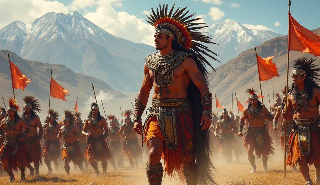 Aztec warriors, In the background, a fighter plane with Aztec empire features, and the legend written Aztec legion squadron