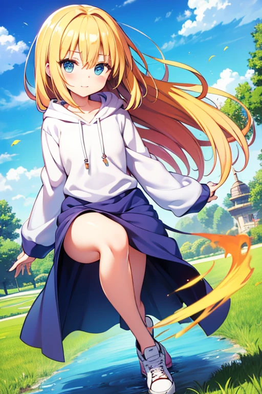 best qualtiy， tmasterpiece， 超高分辨率， realisticlying， 1 girl， long  white hair，Heterochromic pupils，Rise cute sweatshirt，（slightly drunken expression），（Stick out your tongue），（Wink cute expression）（dancing pose）Bottoms purple stockings，trpical garden，wide angles