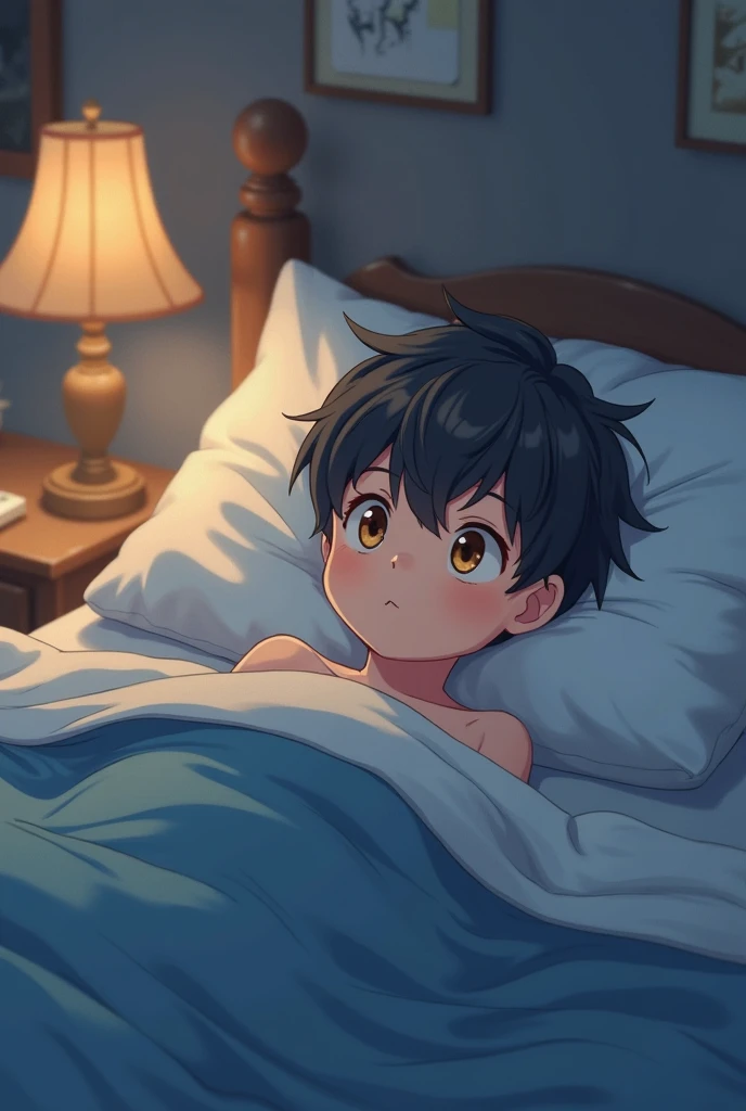 anime, ???, boy, cute face, blushing, perverted face, naked, black hair, blue eyes, lying in bed,