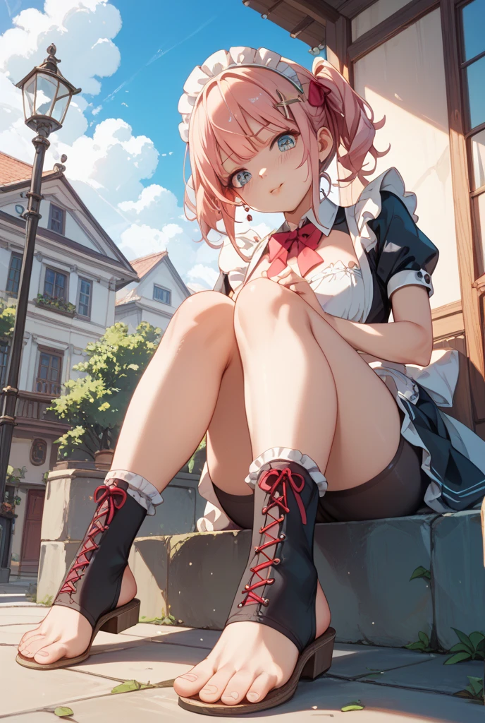 (masterpiece, best quality, ultra detailed,illustration,CG ,  hdr:1.2), 
1girl, solo,madoka-v1  , looking at viewer,   dynamic angle , cinematic angle , depth of field , detailed and beautiful glow , detailed shadow ,  caustics,  ray tracing , bokeh , lens flare, 
pink hair, gloves, white gloves, twintails, frilled socks, pink eyes, socks, frills, white socks, short sleeves, skirt, choker,white skirt, puffy short sleeves, puffy sleeves, bubble skirt, red footwear, frilled sleeves, short twintails, frilled skirt,ribbon, bow, soul gem, magical girl, leg ribbon, ankle ribbon, shoes, hair ribbon, parted lips, red choker, buttons, collarbone, pink theme, ribbon choker, pink ribbon, kneehighs, dot nose, blush, small breasts, light particles, hair bow, cross-laced footwear, hand up, breasts,
(delicate flowers and clouds, soft pink hue , whimsical and romantic atmosphere,fantasy and charm,sparkle :1.2 ) ,
 <lora:madoka-000010:0.8>,