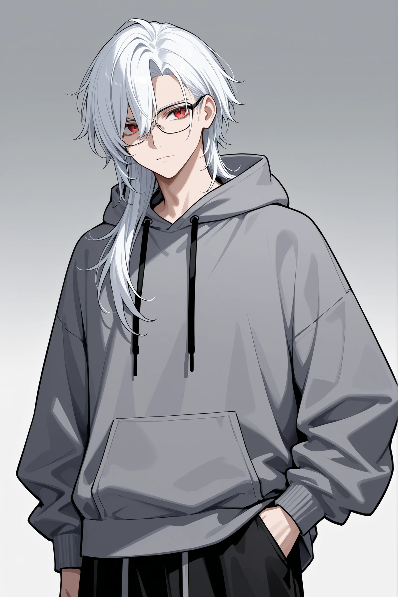 A man with long black and white hair, half covered in the upper part, red eyes, glasses, gray hoodie, black wide pants