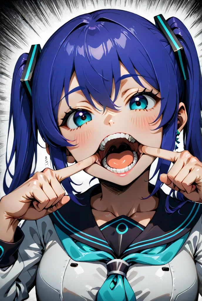 best quality, 8k, 32k, masterpiece, UHD:1.2), highres, ((sharp focus)), beautiful detailed face, delicate details, (cartoon girl with her mouth open and teeth showing) , 1girl, solo, pov, no background, ((face close up)), ((looking at viewer)), (head up), not wearing headgear, (smile), red gum, (((big teeth))), ((naked)), big mouth, (lighting forward), perfect teeth,round tip teeth, saliva, Twin_Turbo_Umamusume, aqua hair, twintails, heterochromia, purple eyes, blue eyes, arms behind back,