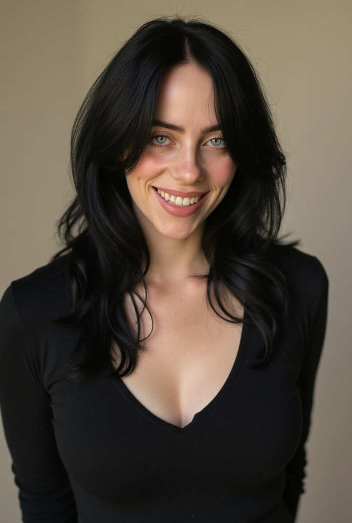 22 year old girl, rostro similar al de Amy Lee, ojos azules, sonrisa, cabello negro, cuerpo completo, minifalda, descalza, hiperrealista, ((Senos grandes))
