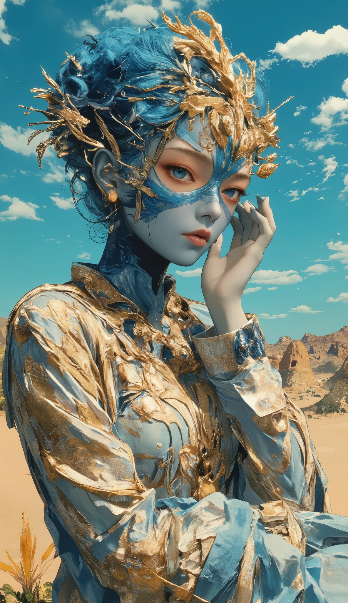 masterpiece, best quality, super res, 完璧な解剖学, female, detailed face,the perfect combination of blue and gold、The perfect combination of sky and desert、bizarre、dramatic, dynamic, absurd, metaphysics