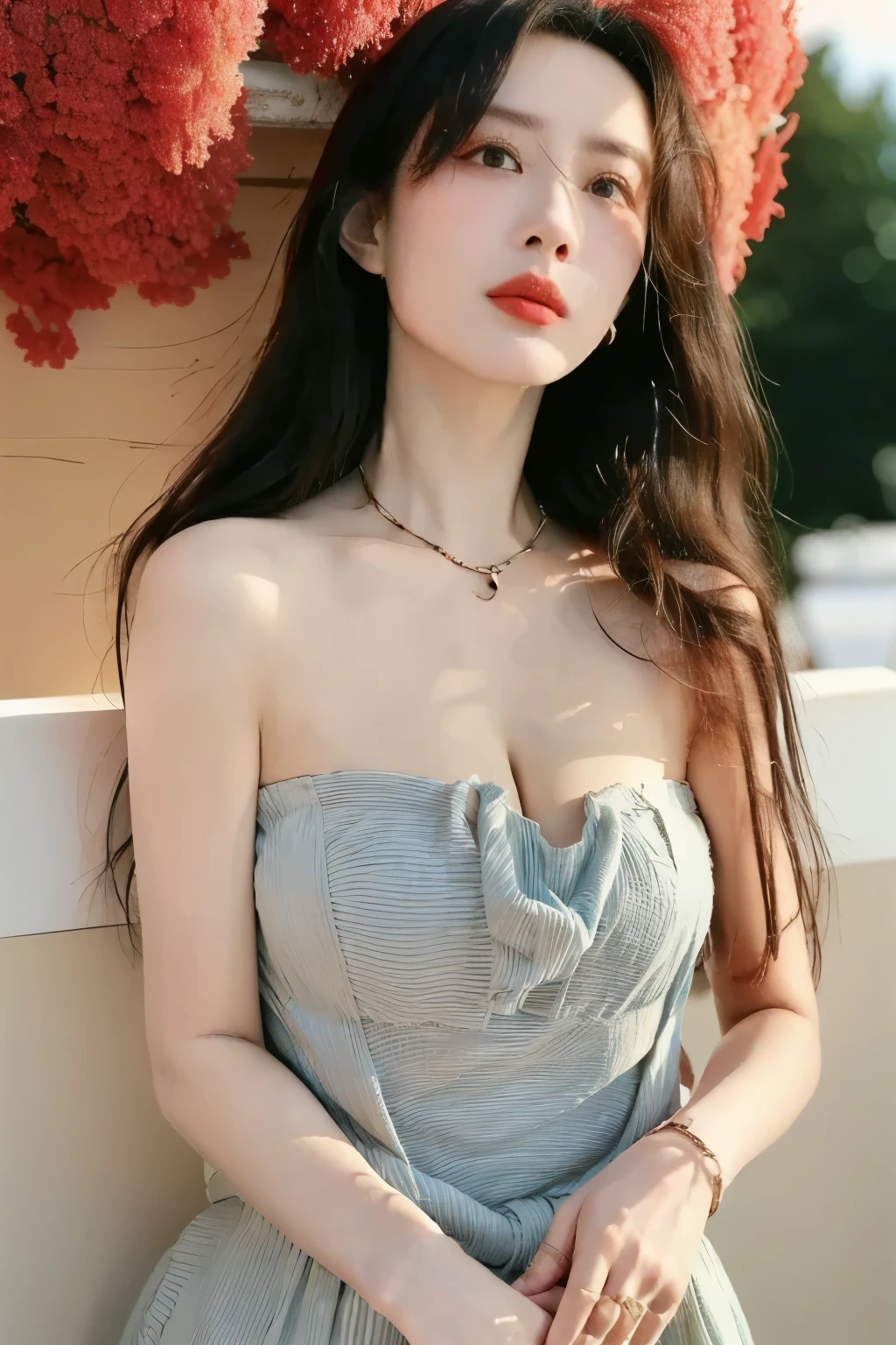 春香, 坚挺的乳房, 通过调整构图,使人物的整个头部都可见. 保持相机角度和表情一致,同时自然地延伸图像的上部, 一件风格化且合身的服装,灵感来自水手风格的, 由一件结构化的白色紧身衣搭配一件鲜艳的蓝色褶皱迷你裙组成. 紧身衣采用平滑的接缝和干净的面板裁剪,勾勒出躯干的轮廓, 塑造出雕塑般的轮廓. 采用具有轻微光泽的弹性面料制成, 它兼具灵活性和在光线下呈现光滑的表面. 胸前固定着一个大的深蓝色蝴蝶结, 其中心饰有一个光亮的圆形宝石,反射环境光并吸引视觉焦点. 领口由一个宽大的蓝色水手风格衣领装饰,饰以双道金色条纹, 笔直地延伸到背部. 锐利的褶皱迷你裙高腰设计,并采用结构化面料保持形状, 带来动感和层次感. 长长的白色手套从手部延伸到上臂, 采用灵活的材料制成, 并饰有围绕前臂的三条水平金色条带. 这些元素创造了对称感, 将手套与金色滚边的衣领连接起来,形成一个连贯的设计. 这套服装融合了元素和现代剪裁, 创造了大胆, 自信的轮廓. 场景是一个柔和照明的室内空间,带有温暖的木质细节, 包括宽大的窗框和抛光木桌. 自然日光透过大窗户倾泻而入, 在服装上投下柔和的高光,并在宝石和饰边上 tạo ra tinh tế phản xạ. 窗外, 绿叶枝条和过滤的阳光暗示了一个宁静的花园空间, 以天然纹理增强氛围. 整体构图呈现出结构化时尚与轻松室内环境的平衡, 强调清晰度 , 对比, 以及视觉.