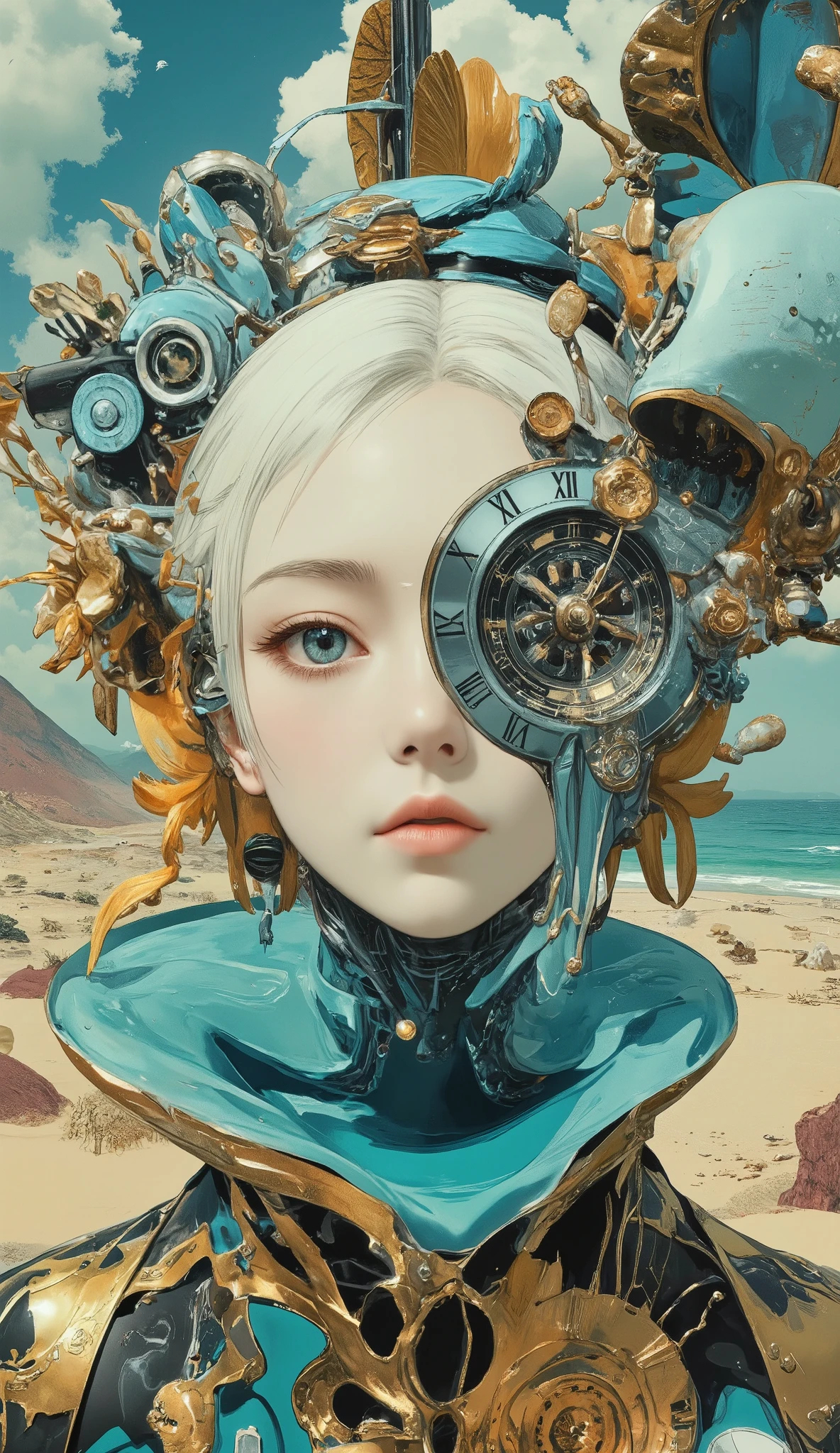 masterpiece, best quality, super res, 完璧な解剖学, female, detailed face,Android made with machine parts、Nature above the desert、sea、melting clock、perfect balance between Dali style and De Chirico style、bizarre、dramatic, dynamic, absurd, metaphysics