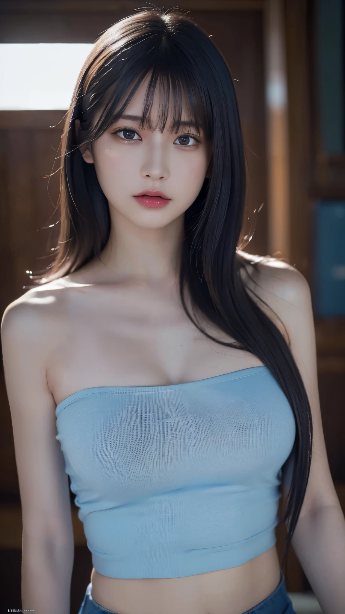 highest quality, masterpiece, ultra high resolution, (realistic:1.5), Raw photo, 1 girl, in the dark, deep shadow, cold light, long black hair、