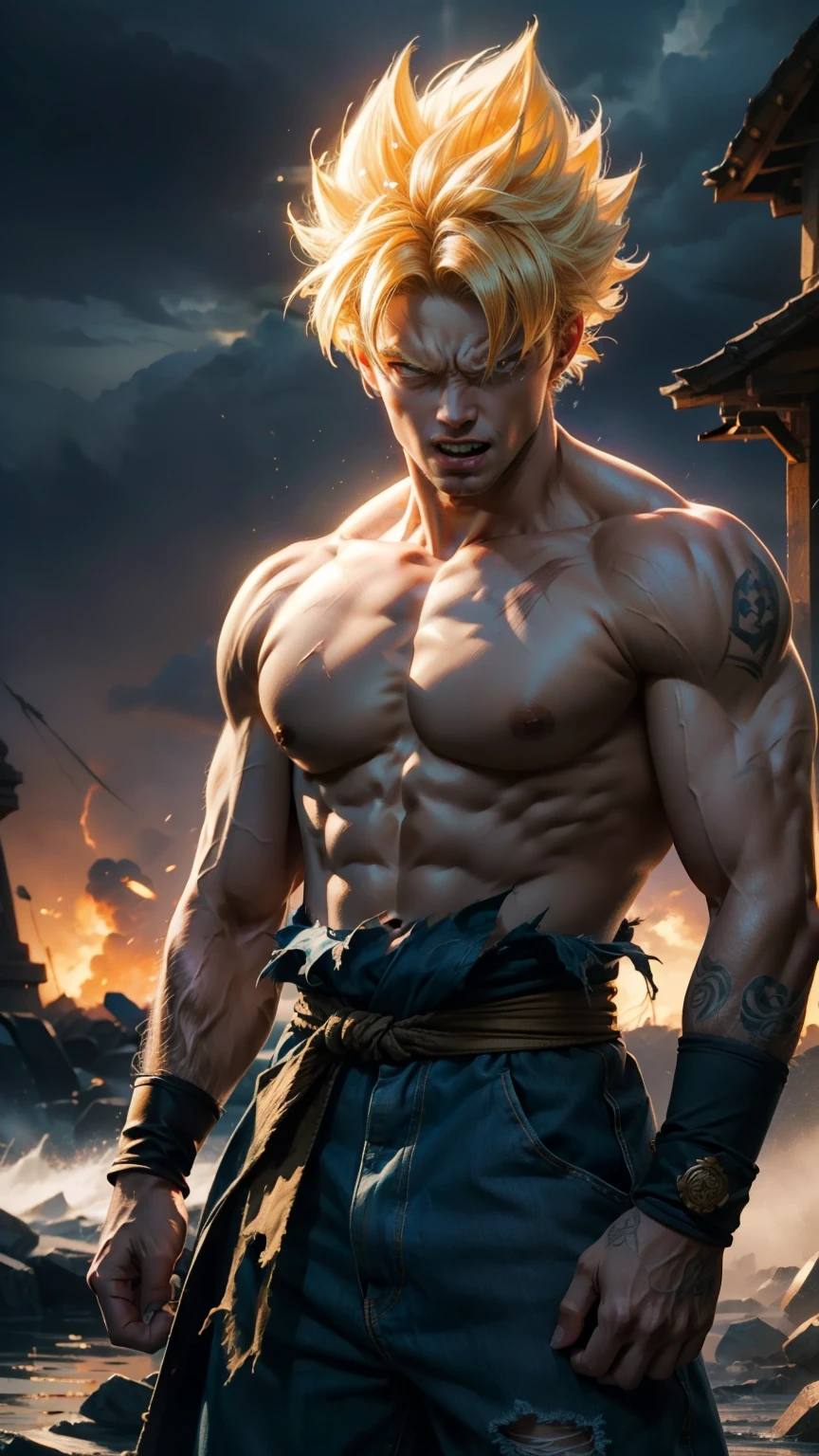(masterpiece, best quality), intricate details, 8k, artstation, wallpaper, official art, splash art, storm in background, sharp focus, 1boy, (photorealistic:1.2) (bokeh) (best quality) (detailed skin:1.3) (intricate details) (8k) (detailed eyes) (sharp focus) son goku, angry, battle damage, blonde hair, blue sash, clenched teeth, furious, green eyes, male focus, muscular, muscular male, pectorals, sash, solo, spiked hair, super saiyan, super saiyan 1, teeth, topless male, torn clothes, wristband,