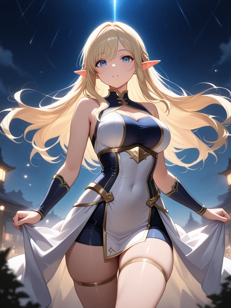 huge meteor in midnight, female elf looking at the meteor at opened field, detailed short dress, gigantic breasts, cleavage, small waist, thick thighs, giga_busty