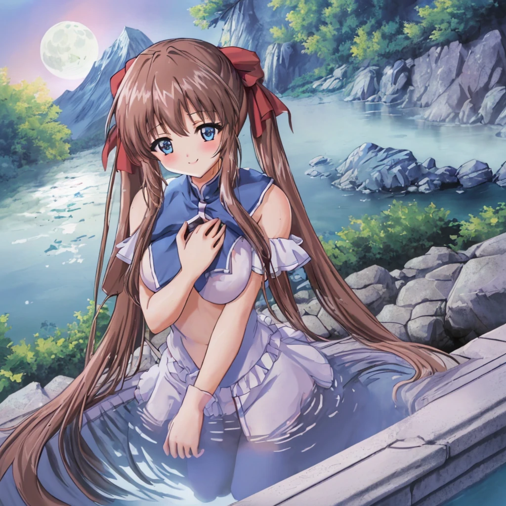 ((masterpiece, Highest quality, High resolution, UHD, Pixel perfect, Depth of written boundary, 4K, rtx, HDR)), 1 Girl, single, alone, 24-years-old, Beautiful Anime Girls, Beautiful art style, anime character, ((Parted bangs, Brown Hair)), (blue eyes、Round eyes, Delicate eyelashes、Beautiful eyelashes, Perfect Eyes), (Detailed face:1.2), (Smooth texture:0.75, Realistic texture:0.65, Realistic:1.2, Cinematic, Anime CG Style), Perfect body, waterfall:1.3、Full nudity:1.9、Light pink nipples:1.7、Moderately good breasts:1.7、Place your arms behind your head.:1.8、Visible from the thighs:1.9、Wet、Water Drop、Splash、nsfw、visible from below、Sitting、Crossing your legs