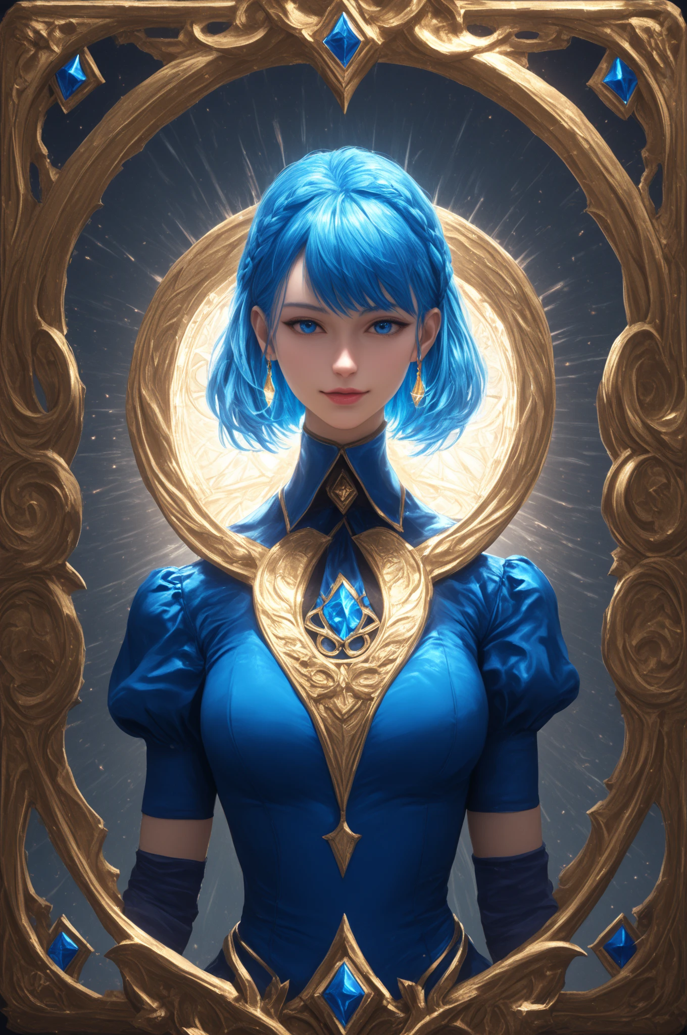 (tangobat:0.7),(Sakimichan:0.7)(High CT quality,4k,High resolution,main piece:2.3),Very detailed,Realistic:1.37,Best quality,masterpiece, high resolution,on_body, Tyndall effect,photorealistic, Edge lighting, Two-color lighting,(high definition skin:2.3), (8K UHD, DSLR quality, soft lighting, high quality, surround lighting, sincere, de 8K , 4K, 8K.) a girl with blue sapphire crystal hair. She is wearing a blue dress with gloves. everything is decorated with gold. Background : The Empress tarot card frame.