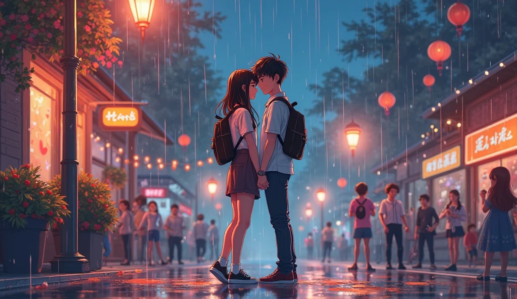 With the manhua drawing of Chinese comics. Draw a picture of a boy (already white, High ráo, Pretty trai, wear gym uniform) holding umbrella for girl (already white, Pretty, wear gym uniform). From afar there is another guy (already white, High, Pretty trai, wear gym uniform) standing looking at them. Rainy scene