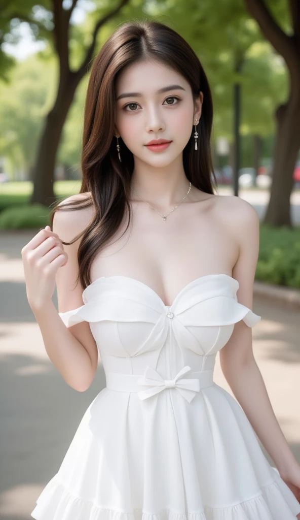 (Raw photo、highest quality)、(Realistic)、((whole bodyショット、whole body、fullbody))、(Bear Ears:1.2)、highest quality、masterpiece、Very delicate and beautiful、ighly detailedd、Hmph、Unity、2k wallpaper、detailed、masterpiece、highest quality、Large file size、超detailedな、High resolution、ighly detailedd、One Girl、Voluptuous body、in the forest、((Brown pretty dress:1.1))、Cleavage、Porcelain-like skin、(Brown long hair、See-through bangs)、Seeing the viewer、heart hands, detail face, extremely detailed, smile