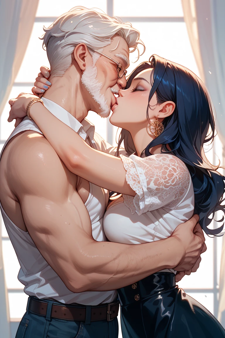 Hot sexy beautiful girl having sex in hugging position with white hair ugly old man on bed,slender body, detailed lips rings,black eyes, detailed , big hoops earrings , alluring face, smiling, necklace , red lipstick , garter belt, Nipple ring piercings,light blue hair, screaming,