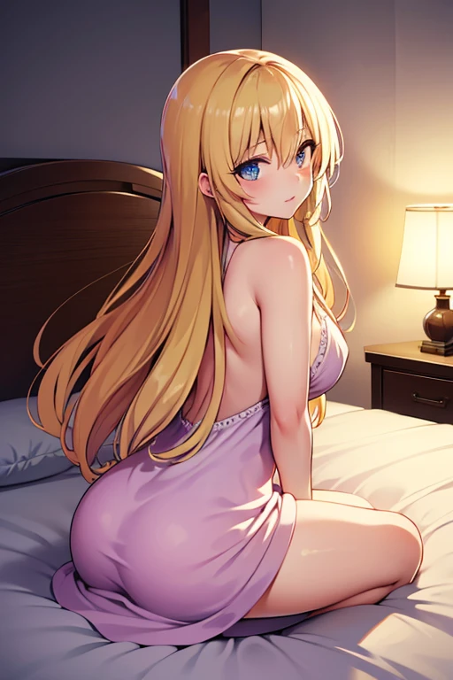 1girl, alone minami fuyuki,masterpiece,best quality,highres,ultra-detailed,bbminami,long hair,large breasts,ahoge,earrings,necklace,dress,pink dress,shirt,bare shoulders,shorts,indoors,bed,sitting,wariza,smile,(blush:1.2),medium blonde hair, purple eyes, embarrassed, seductive, makeup, big breasts, medium waist, wide hips, medium thighs, cleavage, pink lingerie, sexy posture, sitting on bed, night, good lighting
