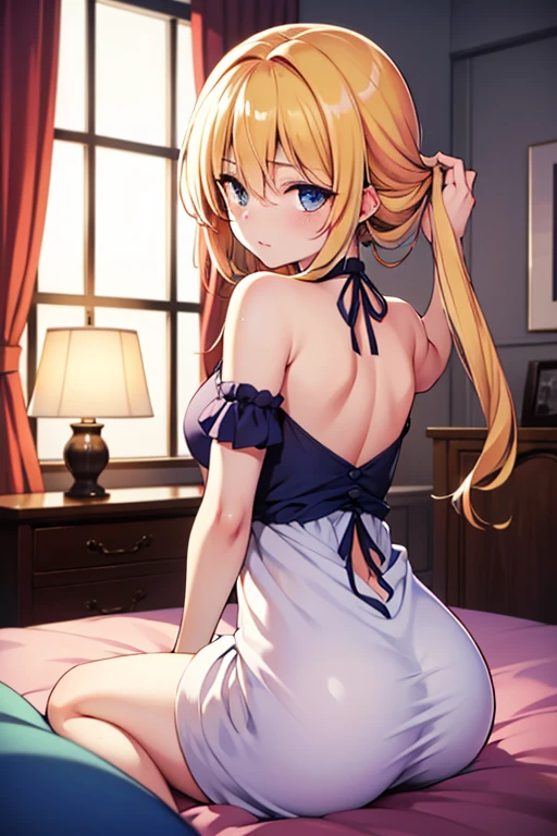 (((SFW))), (masterpiece:1.2, best Quality:1.1, 32K HDR, high resolution), (big breasts:1.1, cleavage:1.1, perfect slim body:1.2), (detailed face, detailed eyes, detailed skin texture), hayasaka ai, bangs, blue eyes, blonde hair, hair ornament, hair between eyes, sidelocks, side ponytail, scrunchie, hair scrunchie, blue scrunchie, solo, 1girl, indoors, virgin killer,