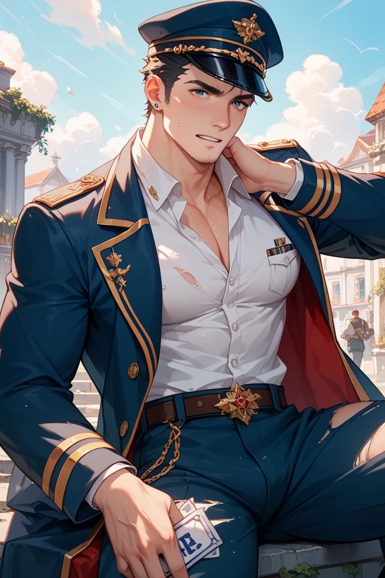 Realistic, detailed, ung bombed man, warrior, castle in the background, naked torso, chaps, 4 sit-ups, lascivious look, raising a flag, detailed face, detailed hair, detailed hands, detailed legs, detailed eyes, detailed skin, dynamic lighting, detailed face, detailed hands, detailed legs, detailed fingers, detailed hair, detailed eyes, detailed skin, dynamic lighting, (photorealistic: 1.4), 8k uhd, (hyper realistic), (realistic photo), (masterpiece), (best quality)