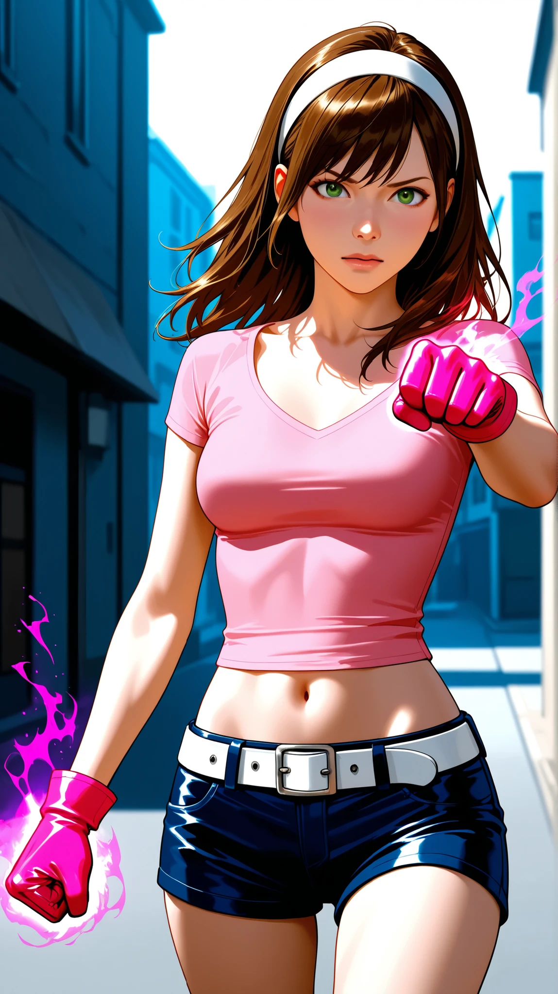 Half-body view of a beautiful woman with long brown hair and full spiky bangs, beautiful green eyes, medium chest, wear a white hairband, wear a pink shirt with scoop neck and short-sleeves, dark blue leather shorts with white belt, pink gloves, her shirt is cut to expose her midriff with deep navel, pink energy aura, dynamic action pose, right hand punching, front view, outdoor background, realistic