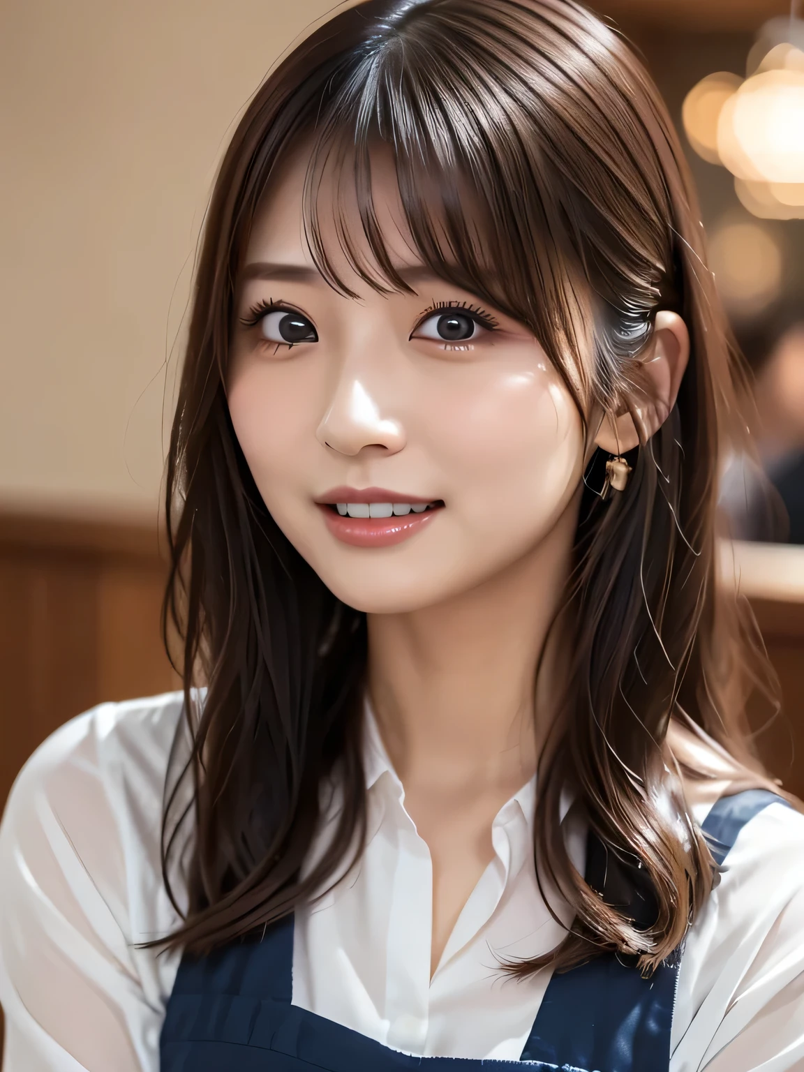 (best quality、table top to pinch、8k、best image quality、超A high resolution:1.5, (Photorealistic:1.4),masterpiece:1.2,(top-quality:1.4)、Raw photo)、Woman working at a cafe、The perfect brown apron、A classy shirt and apron、(highlight your body line:1.1)、portrait of a beautiful woman、 The most elegant and cozy cafe、The most natural cafe, Perfectly organized、Most Ambient Warm Lighting、 stylish and elegant cafe、 Strongly blurred background 、 look at me and laugh、super high resolution perfect and beautiful teeth、Ultra HD beautiful face、ultra HD hair、Ultra HD The Shining Eyes、The Shining, Super High Quality Beautiful Skin 、1 beautiful girl with super high quality glossy lips、Japanese idol、30 years old、beautiful in every detail and meticulous eyes、detailed face、beautiful skin、slender、Surimi Waist、thin legs、 Glamorous Hairstyles :1.3、cafe clerk 、smile:1.2、、1a japanese girl、Cute、 (RAW photo:1.2), (photorealistic:1.4), beautiful detailed girl surrounded by thugs, very well detailed eyes and face