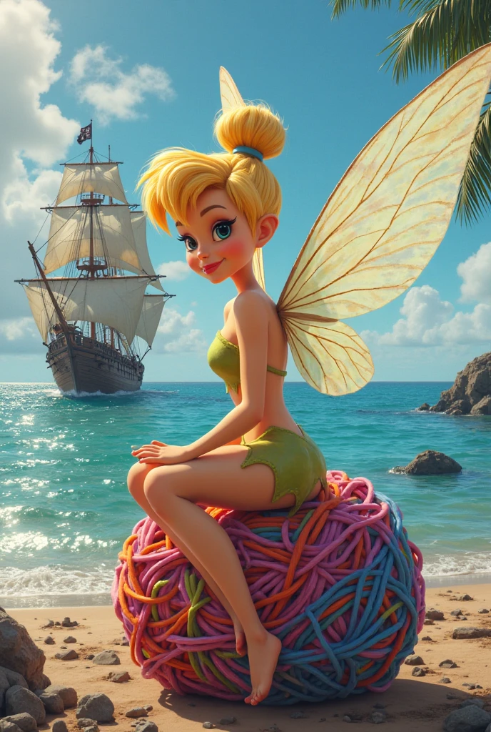  (flying TinkerBell open thighs),(light blue and white horizontal striped panties),(TinkerBell open thighs),up skirt,(shoot from below),wind from below,sea sky,masterpiece, top quality, highly detailed,(pirate dress),Blonde hair in a high bun, Blue eyes, fair skin, arched eyebrows, pink lipstick, translucent wings,puffy nipples,camel ropes,open thighs,独奏,Wide-open legs,pirate captain hat,pirate boots,
