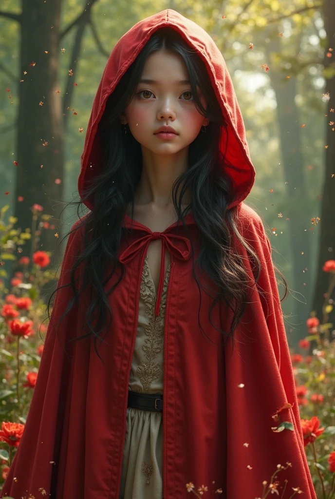 Little Red Riding Hood fairy tale、１０Generation of women、Cute woman、Light clothing、Cinematic quality、It has a dark atmosphere and is a little scary.、mysterious