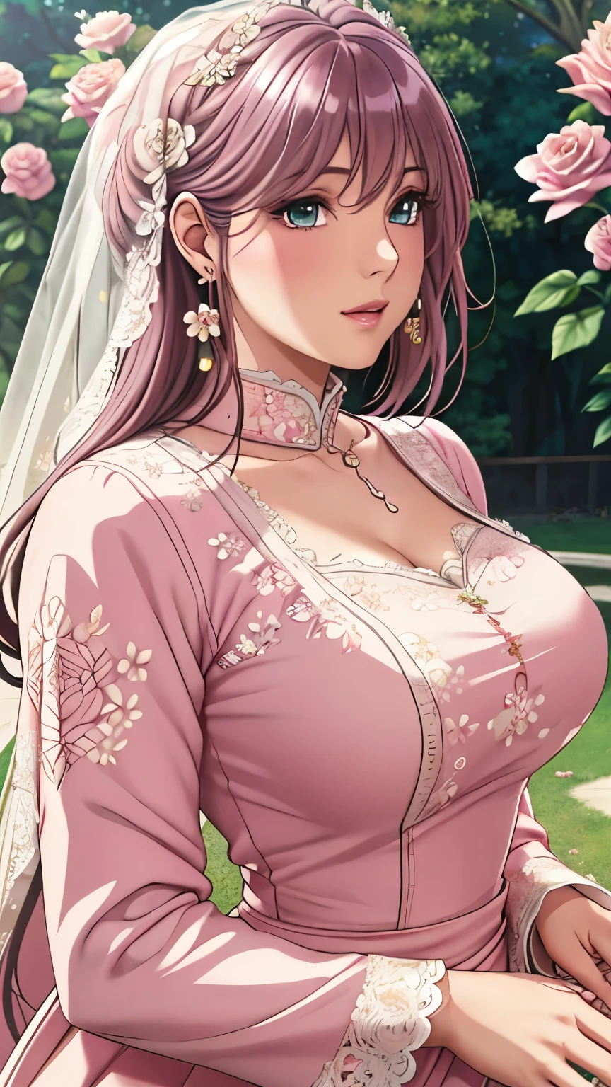 (​masterpiece, best quality, best quality, Official Art, Beautiful aesthetic:1.2), green eyes, (best quality, masterpiece painting:1.3), Immature woman, , (bust), masterpiece, ultra high resolution, (((wedding veil, lace trim dress, transparent, Wedding Dress, Outdoors, White Rose, (long sleeve:1.2), Pink Bow,))), Decorative panel, Abstract art, (taken from a side angle), (photorealistic:1.0), ((pale pink hair)), straight hair , beautiful and shiny hair,  white radiant skin , painterry, sketch, texture, ultra high resolution, solo, beautiful woman in silya room, very detailed, (fractal art:1.1), (colorful:1.1), (Floral:1.6), most detailed, ( zentangle :1.2), (dynamic pose with well-shaped nipples), (abstract background:1.3), (shiny skin under clothing), (Many colors:0.8), (earrings:1.4), (feather:0.9), Taisho Romance,