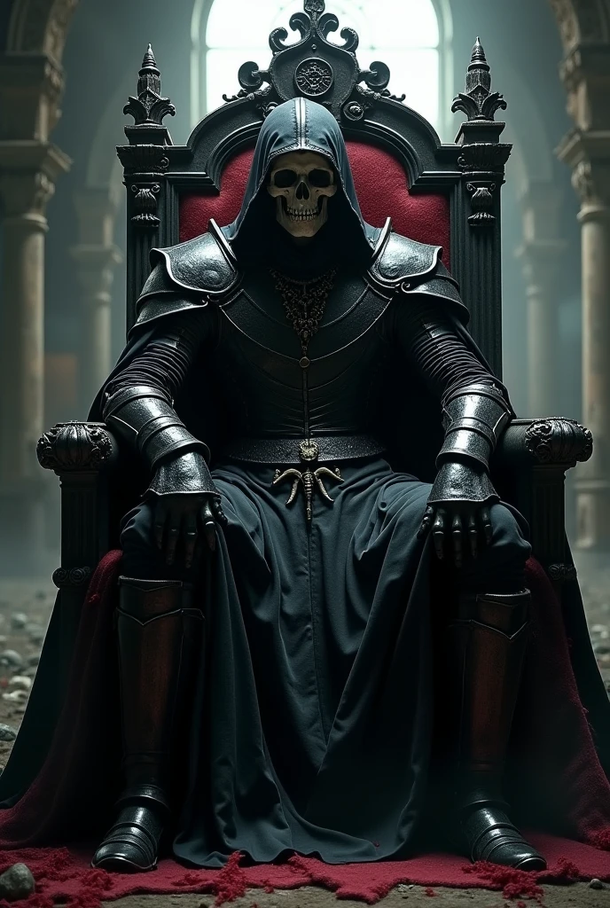 Masked man sitting on a throne. He wears a mask shaped like a human skull. In the right hand he holds a sword and in the left hand he holds a bloody cut head. He is dressed in a long leather toga and wears a hood on his head [Man] [Human skull mask] [Swords] [Human head cut] [Throne] [Scary] [Horror] [Blood]