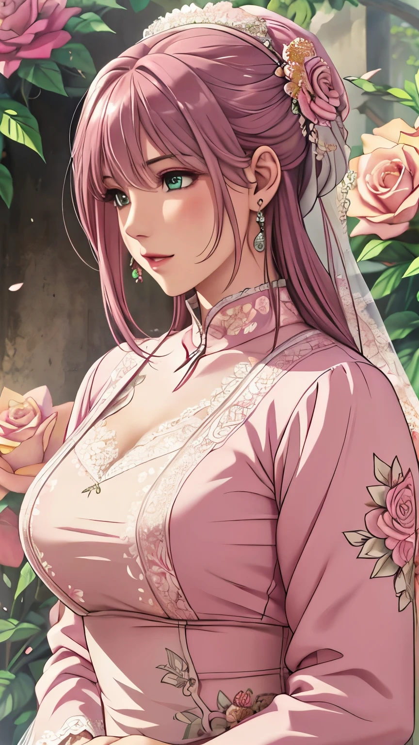 (​masterpiece, best quality, best quality, Official Art, Beautiful aesthetic:1.2), green eyes, (best quality, masterpiece painting:1.3), Immature woman, , (bust), masterpiece, ultra high resolution, (((wedding veil, lace trim dress, transparent, Wedding Dress, Outdoors, White Rose, (long sleeve:1.2), Pink Bow,))), Decorative panel, Abstract art, (taken from a side angle), (photorealistic:1.0), ((pale pink hair)), straight hair , beautiful and shiny hair,  white radiant skin , painterry, sketch, texture, ultra high resolution, solo, beautiful woman in silya room, very detailed, (fractal art:1.1), (colorful:1.1), (Floral:1.6), most detailed, ( zentangle :1.2), (dynamic pose with well-shaped nipples), (abstract background:1.3), (shiny skin under clothing), (Many colors:0.8), (earrings:1.4), (feather:0.9), Taisho Romance,