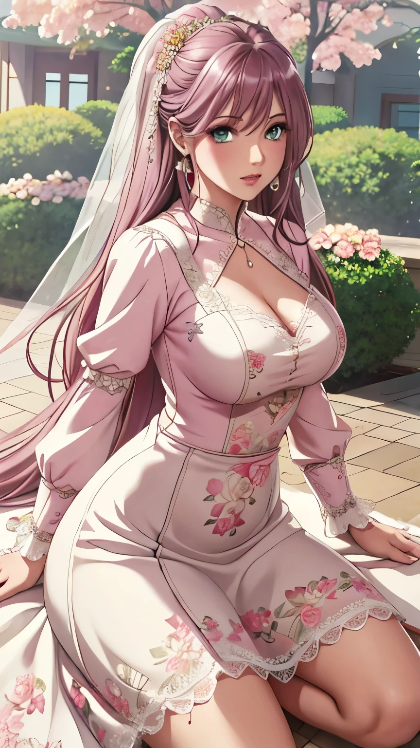 (masterpiece, best quality, best quality, Official Art, Beautiful aesthetic:1.2), green eyes, (best quality, masterpiece painting:1.3), Immature woman, , (bust), masterpiece, ultra high resolution, (((wedding veil, lace trim dress, transparent, Wedding Dress, Outdoors, White Rose, (long sleeve:1.2), Pink Bow,))), Decorative panel, Abstract art, (taken from a side angle), (photorealistic:1.0), ((pale pink hair)), straight hair , beautiful and shiny hair, white radiant skin , painterry, sketch, texture, ultra high resolution, solo, beautiful woman in silya room, very detailed, (fractal art:1.1), (colorful:1.1), (Floral:1.6), most detailed, ( zentangle :1.2), (dynamic pose with well-shaped nipples), (abstract background:1.3), (shiny skin under clothing), (Many colors:0.8), (earrings:1.4), (feather:0.9), Taisho Romance,