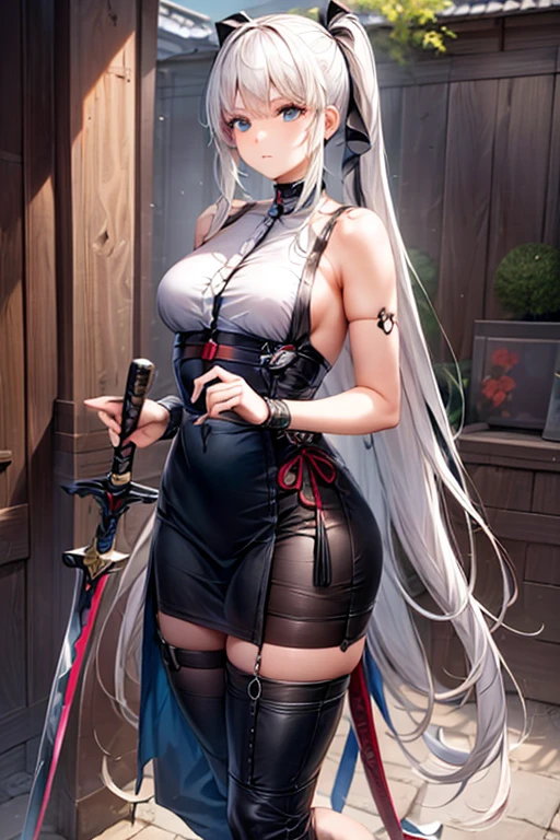 beautiful detailed japanese adult female, 25 years old, wearing Battle Gear: Functional and stylish combat outfit with armored elements and a weapon, white hair, slender, Youthful expression, large breast, massive cleavage exposed, huge buttock, walking in the hallway