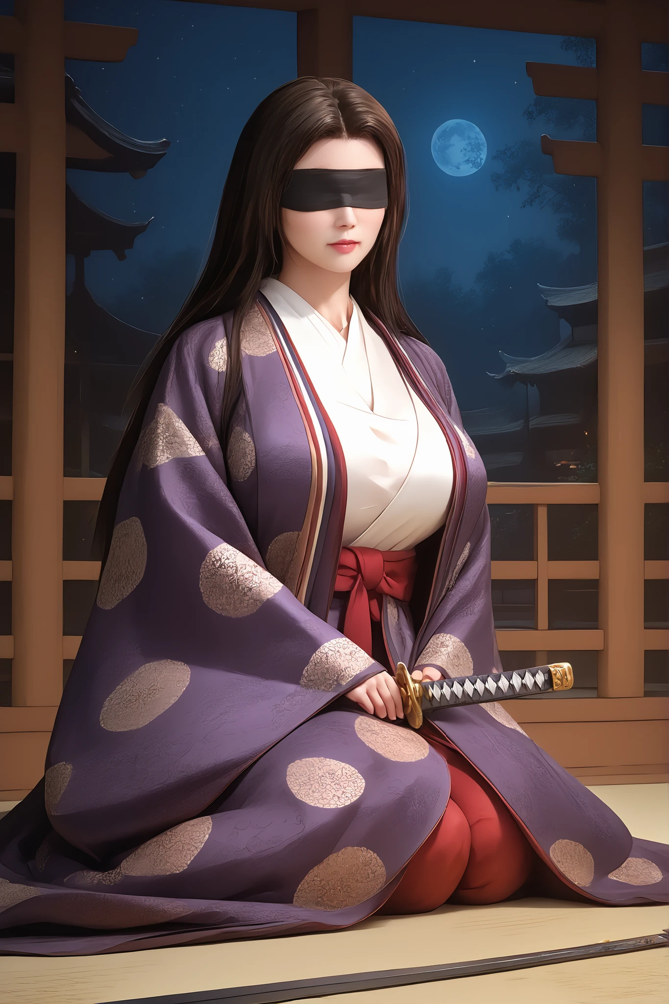 masterpiece, best quality, amazing quality, very beautiful, Absurd, latest, scenery, anatomically correct, 16k, UHD, accurate, expressive, {{1girl solo}}, illustration, masterpiece, ultra-detailed, {{detailed shading, detailed skin}}, {{realistic skin}}, BREAK, detailxl, Details, high definition, 8k, Ultra High Resolution, soft saturation, professional quality, perfect contrast, Anatomically Accurate, milf, blindfold, junihitoe, ornate kimono, long hair, big breasts, hips and thigs focus, sitting, seiza, katana resting besides her, japanese house, night background, kneeling on the floor, no jewelry, katana next to her, katana, oni mask