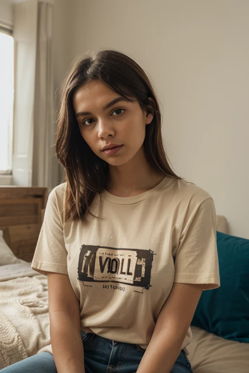 Cute beautiful sexy brunette, 22 years old, 
arafed woman with long brown hair and socks, sexy, ultra-realistic, Instagram female model,
bed background, photorealistic, t shirt oversize, t shirt, sexy, short de sport, chaussettes, bedroom, on the bed, lit, evening, string dentelle, perfect feet