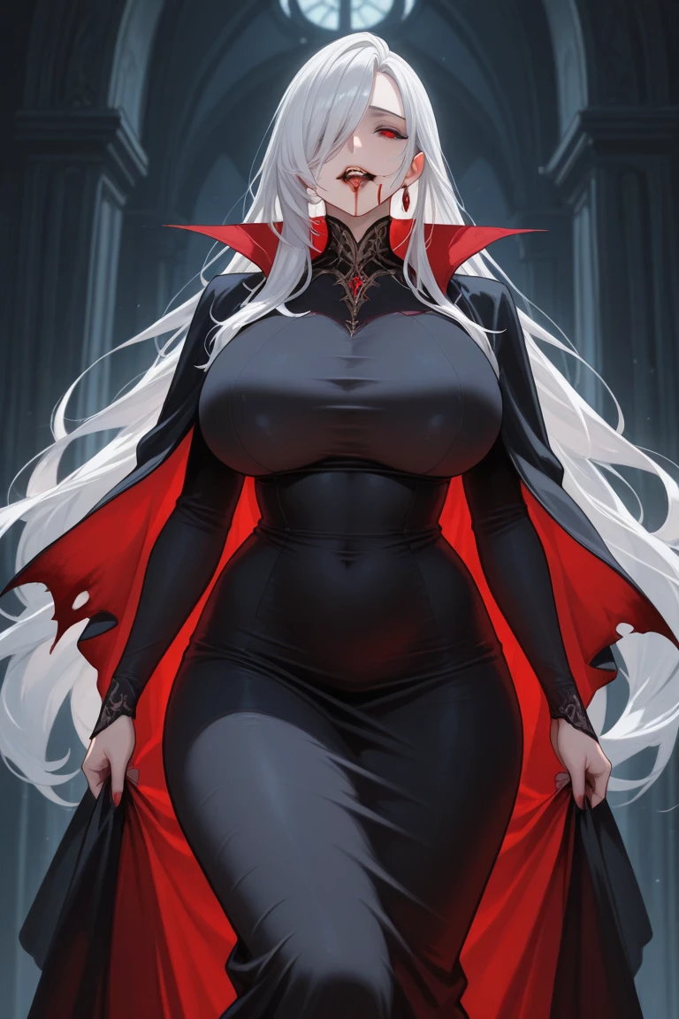Masterpiece, very detailed, ultra detailed, one, (1 woman), She is in a red witch dress with black details, a black witch hat with red details and in an elegant pose, super mature, tall, mother, mature mother, super long hair, bright white straight hair and bangs on the sides, beautiful, charming, black sclera and blood red eyes, elegant, big breasts (huge, torn), cheerful breasts, lustful smile, crazy smile, toothy smile, charming, dark background, atmosphere against the background of a huge red aura around her.