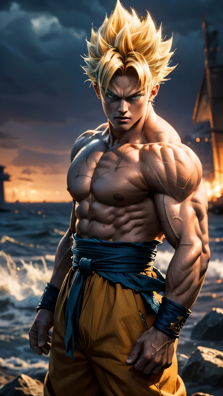masterpiece, (photorealistic:1.5), best quality, beautiful lighting, real life, songoku, 1boy, artist name, biceps, blonde hair, blood, blood from mouth, blue sash, blue wristband, clenched hands, closed mouth, collarbone, dougi, electricity, energy, floating rock, frown, green eyes, looking at viewer, male focus, muscular, muscular male, pectorals, ribs, rock, sash, scratches, serious, solo, spiked hair, super saiyan, super saiyan 1, topless male, torn clothes, v-shaped eyebrows, wristband, ((masterpiece))