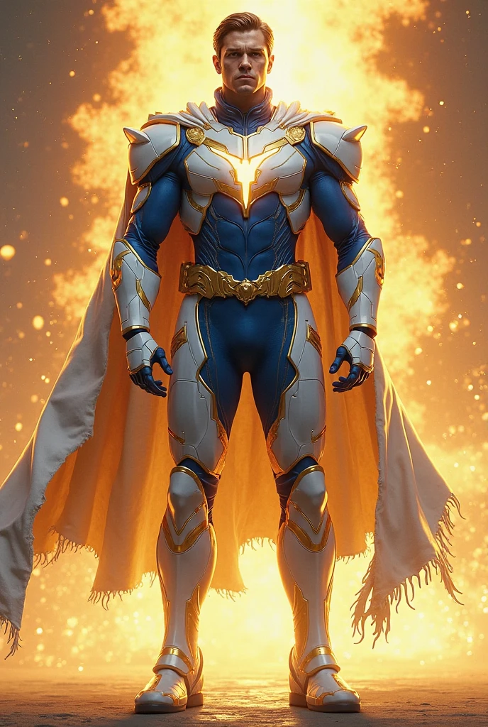 Character Name:* nexus
*Appearance:*
- *Age:* 18
- *Height:* 5'8"
- *Build:* Athletic but lean, with a slightly muscular physique.
- *Skin Tone:* Light tan with a subtle golden glow.
- *Hair:* Short, spiky, and golden-yellow, resembling rays of the sun. Slightly luminescent.
- *Eyes:* Bright blue with a shimmering effect, like looking at the sky on a clear day.
*Outfit:*
- *Suit:* A sleek, form-fitting bodysuit that is predominantly white with golden accents. The suit is made of a flexible, high-tech material that can withstand extreme temperatures.
- *Torso:* Golden sun emblem on the chest, radiating outwards with subtle energy patterns.
- *Arms and Legs:* White with golden stripes running down the sides, connecting to the emblem on the chest.
- *Gloves and Boots:* Golden, with small, sunburst designs around the wrists and ankles.
- *Cape:* Short, golden cape that shimmers and flows as if made of sunlight. It is attached at the shoulders with sun-shaped clasps.
- *Accessories:*
- *Belt:* Golden utility belt with small pouches and gadgets.
- *Gauntlets:* Advanced tech gauntlets that can generate solar energy blasts.
- *Visor:* Golden visor with a HUD (Heads-Up Display) for tactical information.
*Pose:*
- Standing confidently with one foot slightly forward.
- One hand on his hip, the other hand raised with a small orb of glowing solar energy hovering above his palm.
- Cape billowing slightly as if caught in a gentle breeze.
- Facial expression is determined yet approachable, with a slight smile.
*Background:*
- A vibrant, futuristic cityscape during the day, with a clear blue sky and the sun shining brightly in the background. Solar panels and clean energy structures hint at the technological advancements in the world Solaris protects.