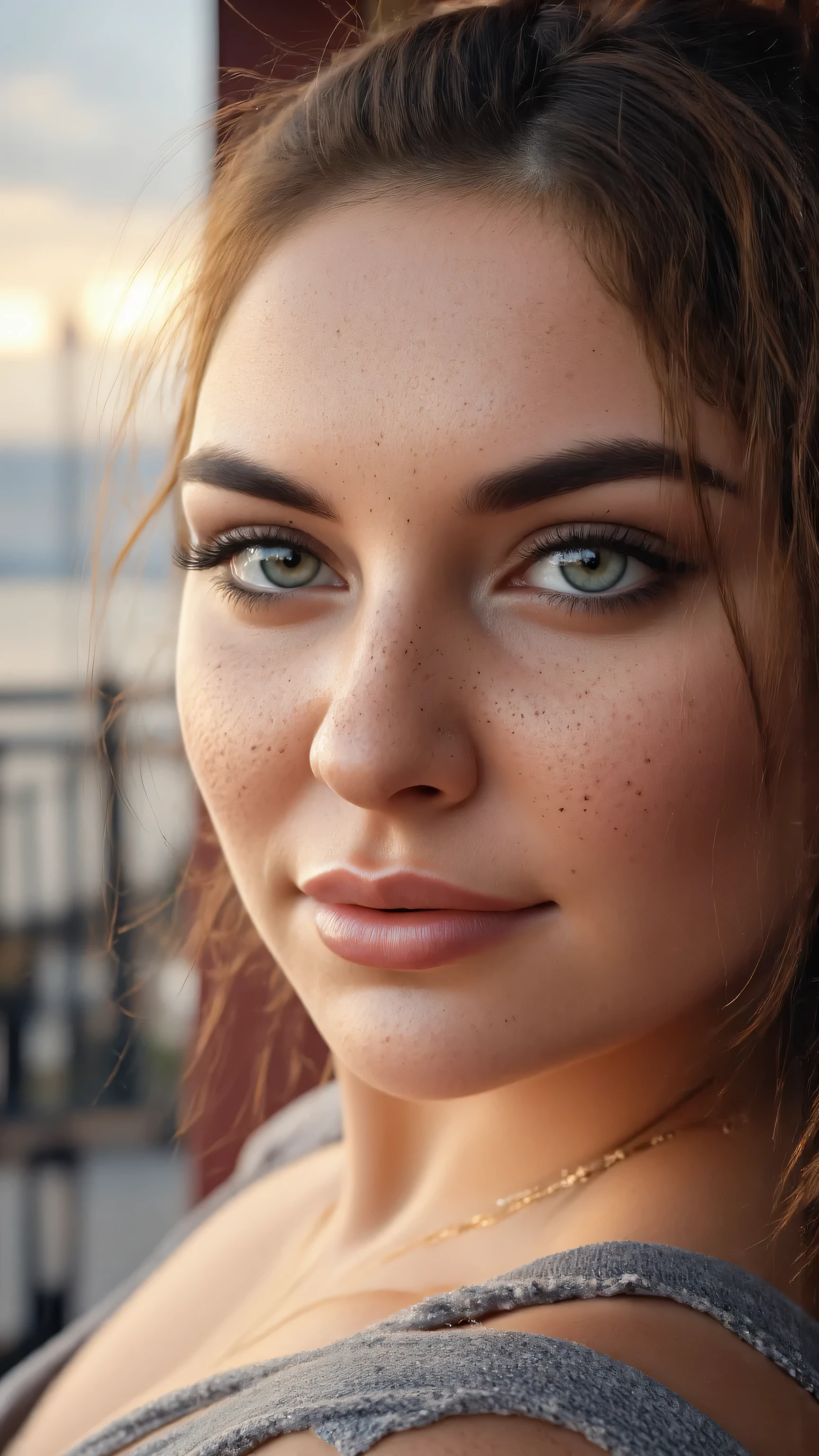 picture of a georgeous woman, natural beauty, gorgeous light blue eyes, big eyes, expressive eyes, she is sitting on a porch overlooking the ocean,looking out into the sunset, real skin, Skin texture, skin pores, highly detailed eyes, realistic eyes, Masterpiece, Anatomically Correct, Award Winning photo, Ultra-realistic, Photo-Realistic, UHD, 8K, 16k, 32k, Unreal Engine, HDR,