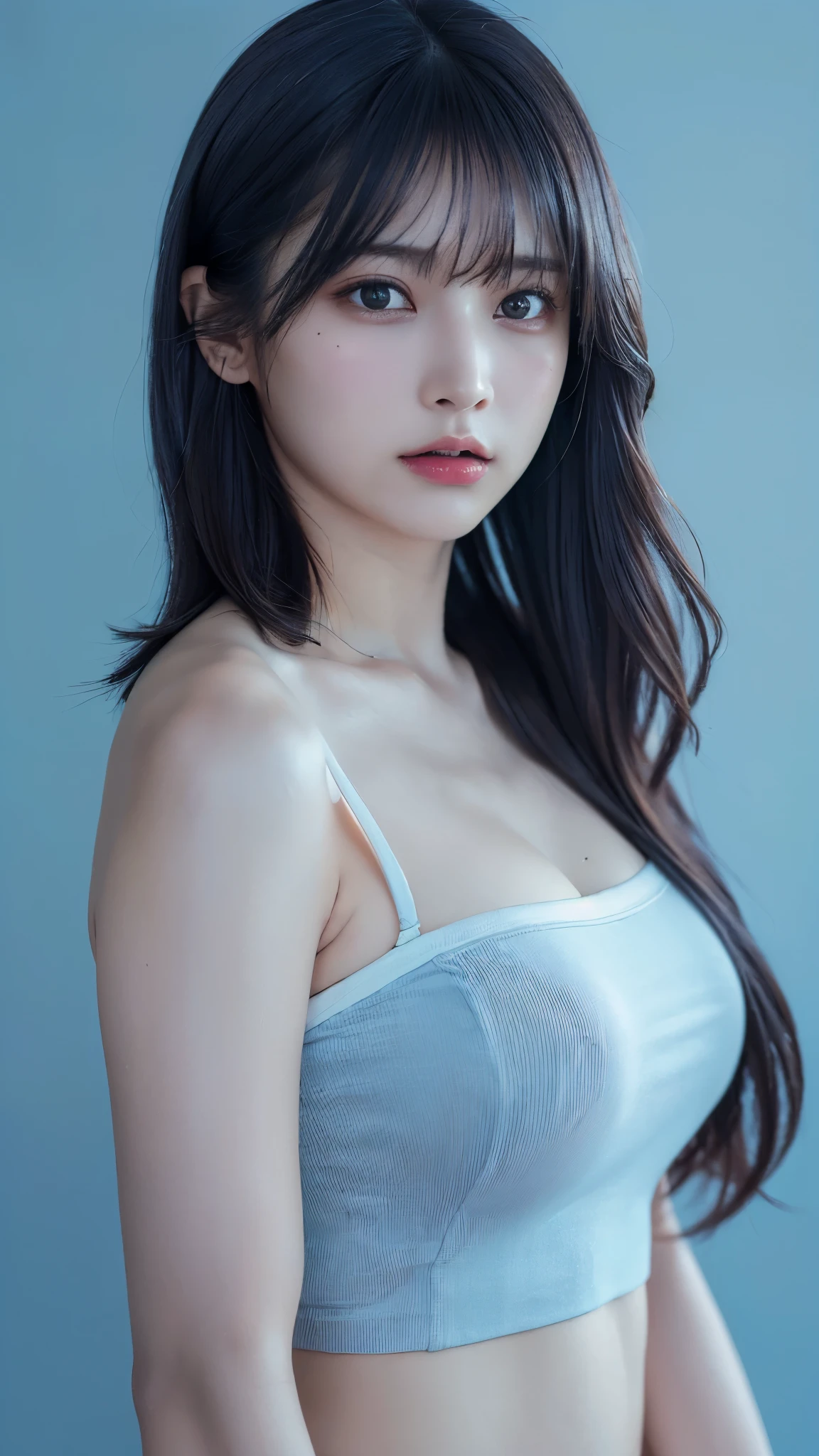 Masterpiece, Top Quality, Ultra High Definition, Colorful, Flat Color 1 girl, watching viewer, girl in the korea karaoke, sweaty cheeks, detailed texture, white blouse, blue jeans, deep cleavage, beautiful detailed face, adult atmosphere, exposure, upper body up, blurred background, (wave hair with bangs), big: 1.4, ANNAA