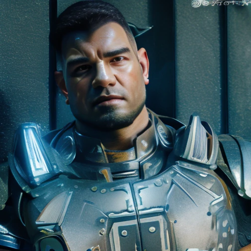 Close-up of a ((extremely handsome old man warior)) , half human, half beast. Their eyes are filled with sadness and longing. The background is a trail of blood and violence. He wears a mechanized robot armor, carved with animal elements, human skulls. The sky is filled with swirling, fiery clouds. The photo conveys a strong sense of the warrior's appearance
