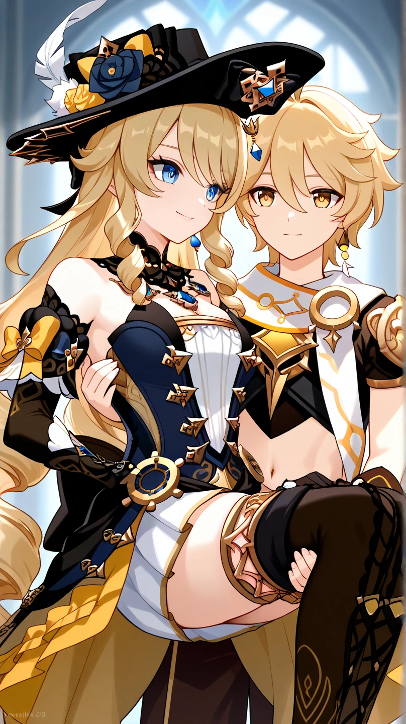 (Two girls standing side by side:1.5)、Very detailed、highest quality、(Best image quality:1.5)、(masterpiece:1.5)、8k、Anime Face、A kind smile、Open Mouth、(Beautiful bright blue eyes:1.5)、(Blonde wavy hair:1.5)、Muscles of the whole body、(Thigh belt:1.3)、(Wearing gold and white bikini armor:1.5)、(Cowboy Shot:1.6)、(Wearing a helmet:1.5)、(Holding a spear:1.5)、Warm lighting