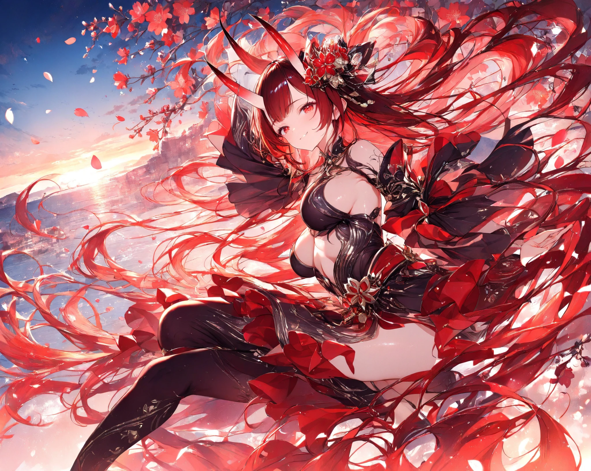 ((high resolution Red Hair Long Hair Black kimono Red band Goddess of victory Large Breasts Lonely sorrow)) ((Red butterfly night Japanese style Shoulder old Shining Aura rain)) (Dance Blade of Darkness Magic Sword Swing down Slashing) moon star Draw your sword Slashing Catch the wind fall