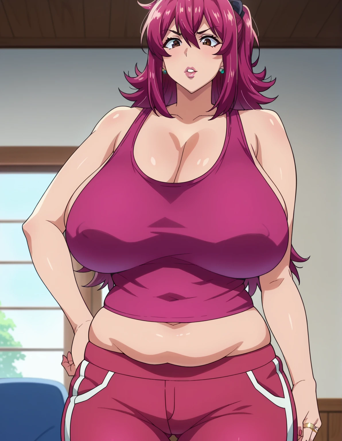 Code Geass, Kallen Stadfeldt, 1girl, (((bimbo))), puffy lips, painted lips, thick lips, wide hips, thick thighs, big breast, huge ass, revealing cleavage, erotic, smile face, bubble butt, camel toe, breasts, in the gym, lifting weights, white top, white yoga pants