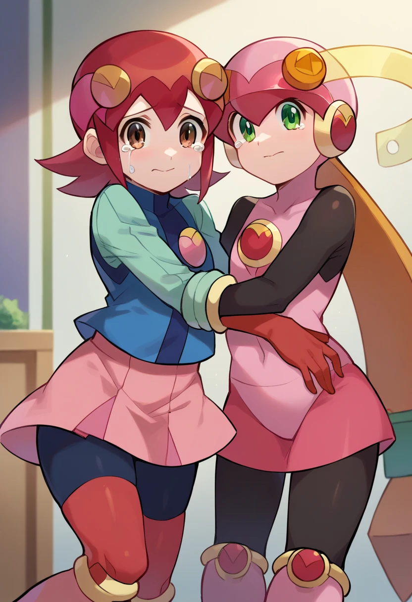 score_9, score_8_up, score_7_up, torn clothes, battle damage, sad, crying, tears, looking at viewer,
mayl_sakurai_(mega_man), short hair, hair ornament, long sleeves, blue vest, pink skirt, pleated skirt, brown eyes, red hair,
BREAK
roll.exe_(mega_man), helmet, pink bodysuit, green eyes, long hair, pink gloves, knee boots, pink boots,
BREAK
2girls, hug, smile,
cowboy shot, indoors, lab,