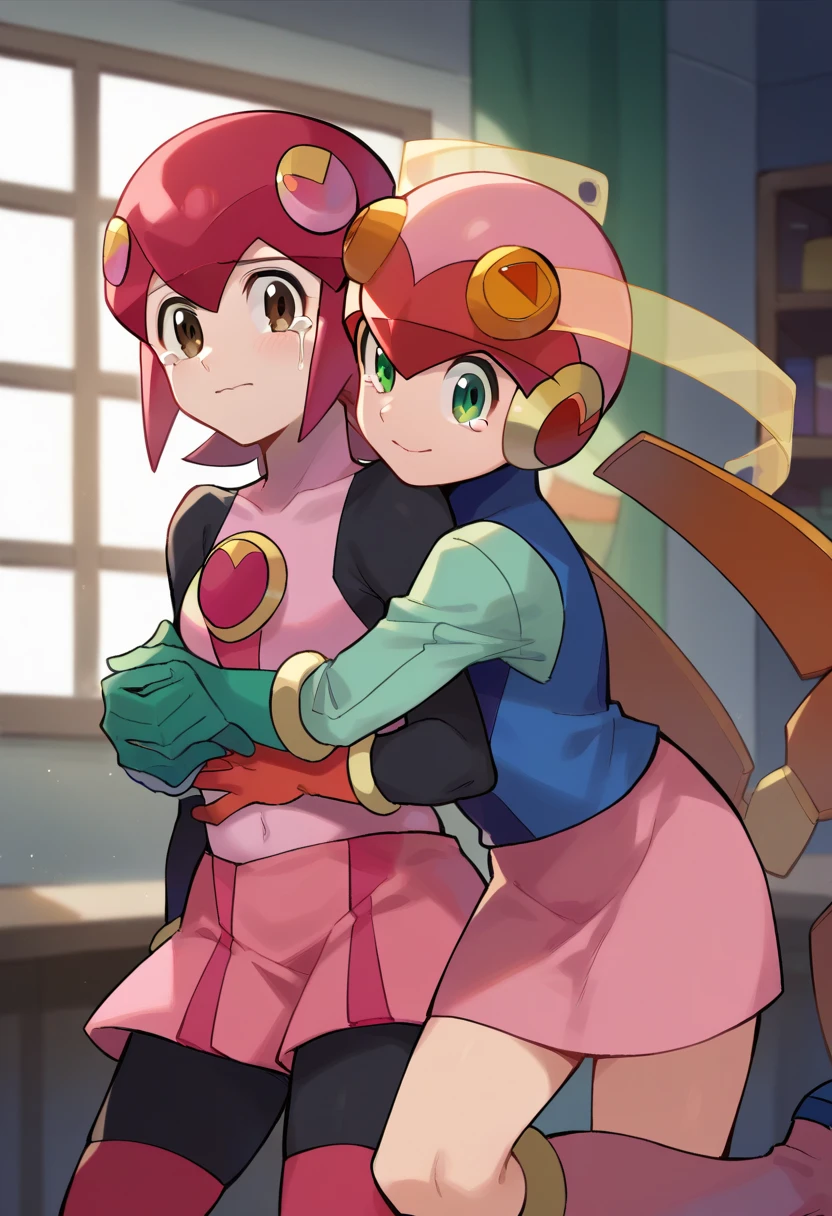 score_9, score_8_up, score_7_up, torn clothes, battle damage, sad, crying, tears, looking at viewer, 

mayl_sakurai_(mega_man), short hair, hair ornament, long sleeves, blue vest, pink skirt, pleated skirt, brown eyes, red hair,
BREAK
roll.exe_(mega_man), helmet, pink bodysuit, green eyes, long hair, pink gloves, knee boots, pink boots,
BREAK
2girls, hug, smile,
cowboy shot, indoors, lab,