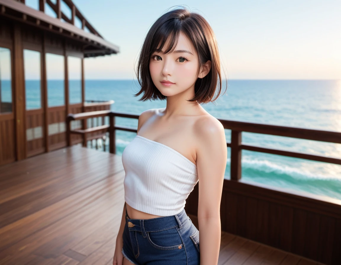 Beautuful Women、1 persons、Slouched、Blue Sea、cat ear、begging、Brown hair、a short bob