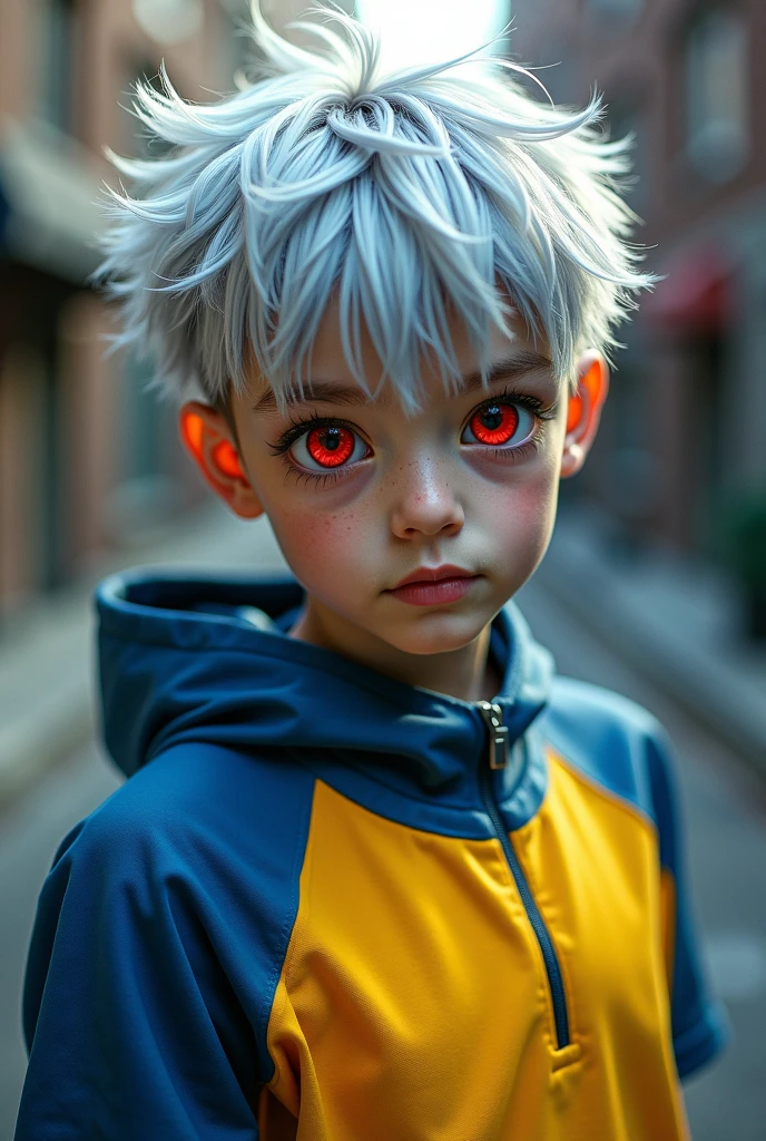 (best quality,4k,8k,highres,masterpiece:1.2),ultra-detailed,(realistic,photorealistic,photo-realistic:1.37),HDR,UHD,studio lighting,ultra-fine painting,sharp focus,physically-based rendering,extreme detail description,professional,vivid colors,bokeh,portraits A boy with short light blue hair, wearing a boy , with glowing red eyes, standing in a bustling city. The boy has a calm and chill expression on his face. He is surrounded by tall buildings and colorful neon lights, creating a vibrant and lively atmosphere. The cityscape extends into the distance, showcasing the vastness and energy of urban life. The boy's blue hair contrasts with the warm tones of the city, making him stand out. His uniform is neat and well-fitted, representing his disciplined and studious nature. The glowing red eyes add a touch of mystery and intrigue to his appearance, hinting at supernatural abilities or a hidden power within him. The portrait of the boy is of the highest quality, with every detail meticulously captured. The lighting in the scene is carefully crafted to enhance the boy's features and create a dramatic effect. The colors are vivid and vibrant, further enhancing the overall impact of the artwork. carrying backpack. wearing sneakers. tired. from a far. yawn. a girl with white hair. wearing girl . carrying bag