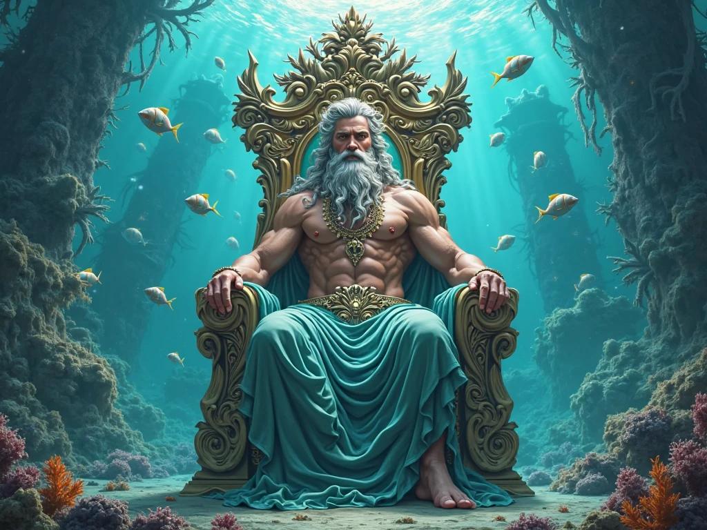 Poseidon sitting on his throne with his trident in hand, with sinister energy